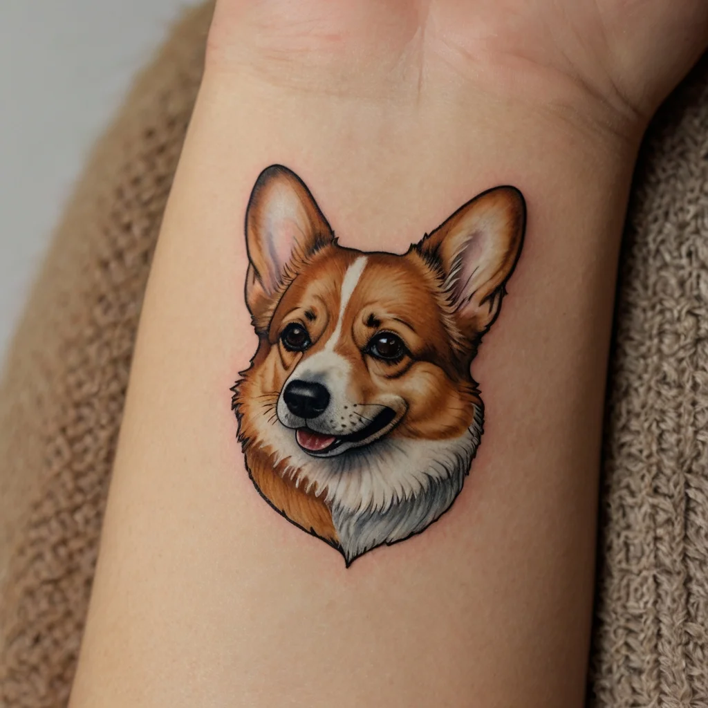 Tattoo of a realistic Corgi face in vibrant colors, capturing its joyful expression and detailed fur on the forearm.