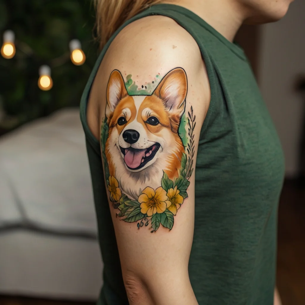 Colorful corgi portrait tattoo on upper arm, surrounded by yellow flowers and greenery with vibrant shading.