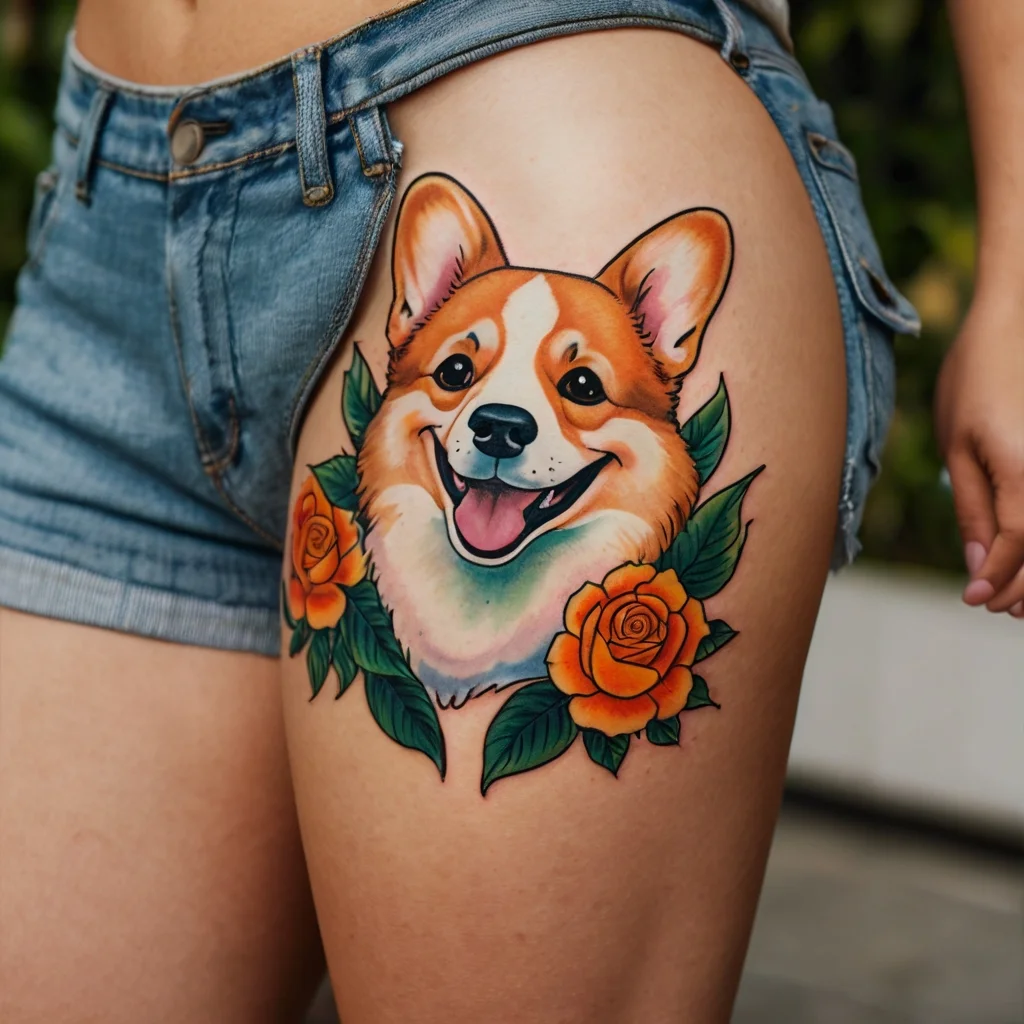 Corgi face tattooed on thigh with vibrant orange roses and green leaves, showcasing a playful and colorful design.