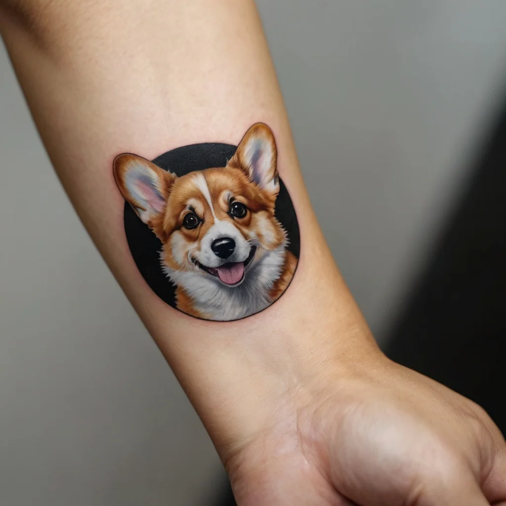 Realistic corgi portrait tattoo with vibrant colors on forearm, framed within a sleek black circle background.