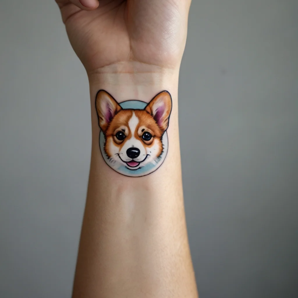 Colorful corgi face tattoo on wrist, showcasing vibrant details and a playful expression within a circular frame.