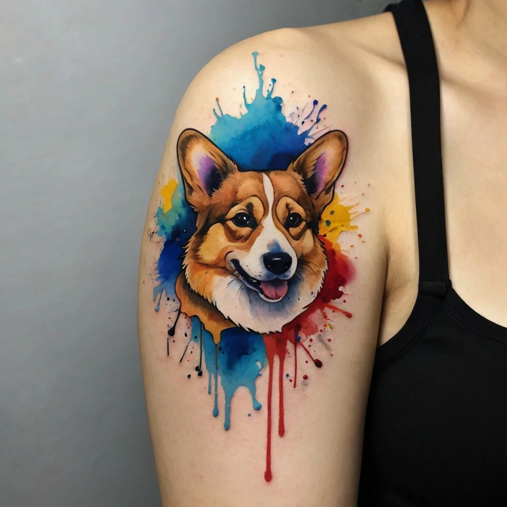 Colorful corgi portrait tattoo on shoulder, surrounded by vibrant splashes of blue, yellow, and red ink.