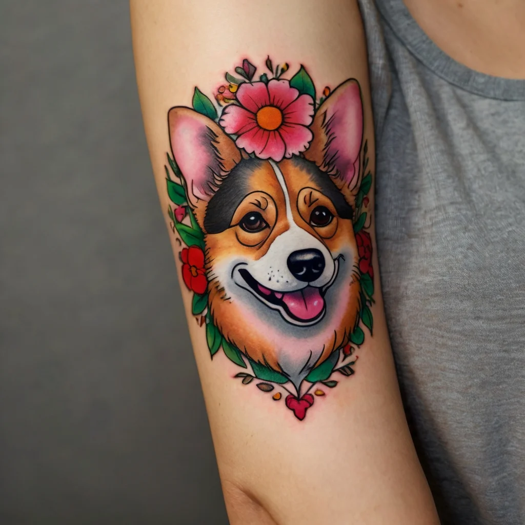 Colorful tattoo of a smiling corgi surrounded by pink and red flowers, showcasing vibrant detail and lively expression.