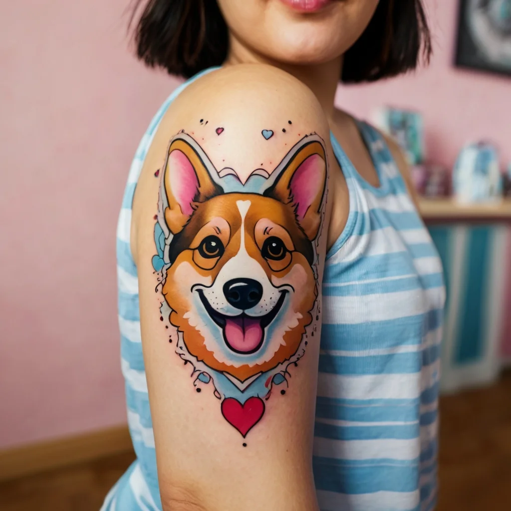 Colorful Corgi face tattoo on upper arm, featuring playful blues, pinks, and hearts, with a vibrant red heart below.