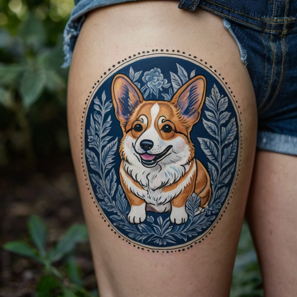 Tattoo of a happy corgi centered in a floral oval on thigh, featuring detailed leaves and dotted border in vibrant colors.