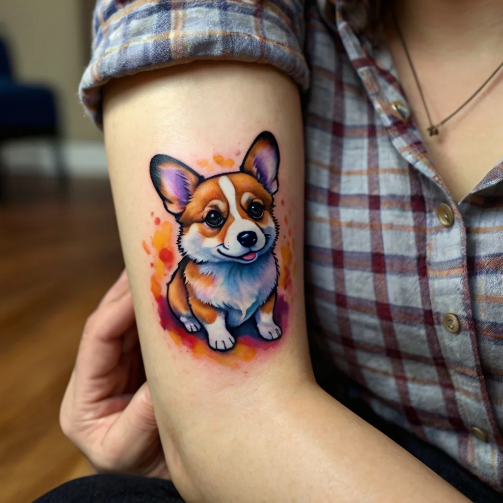 A vibrant Corgi tattoo with watercolor splashes, showcasing bold colors and detailed shading on the person's arm.