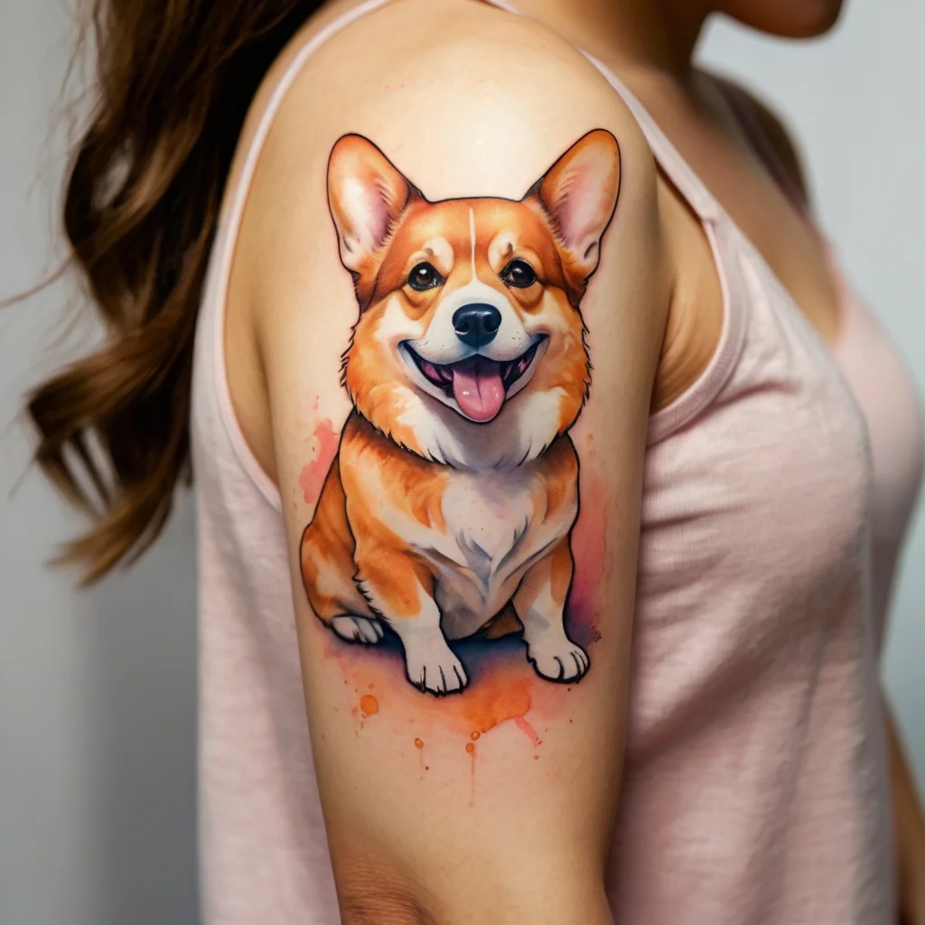 Realistic corgi tattoo with vibrant watercolor splash accents on the arm, showcasing lifelike detail and playful style.