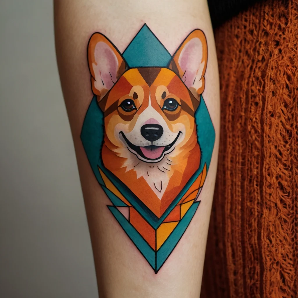 Geometric corgi tattoo with vibrant colors and angular shapes, showcasing a playful expression on the forearm.