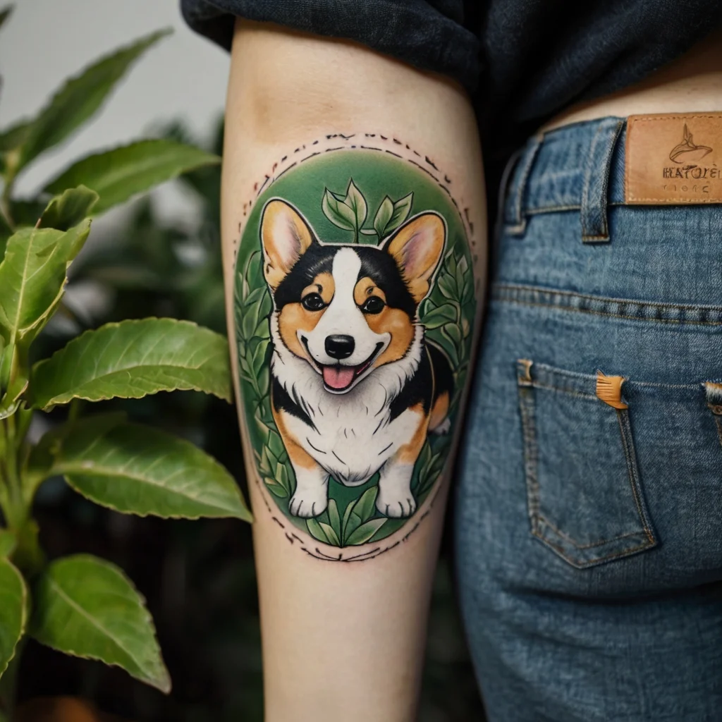 Corgi tattoo with vibrant green leaves background, showcasing a playful demeanor, inked on the upper arm.