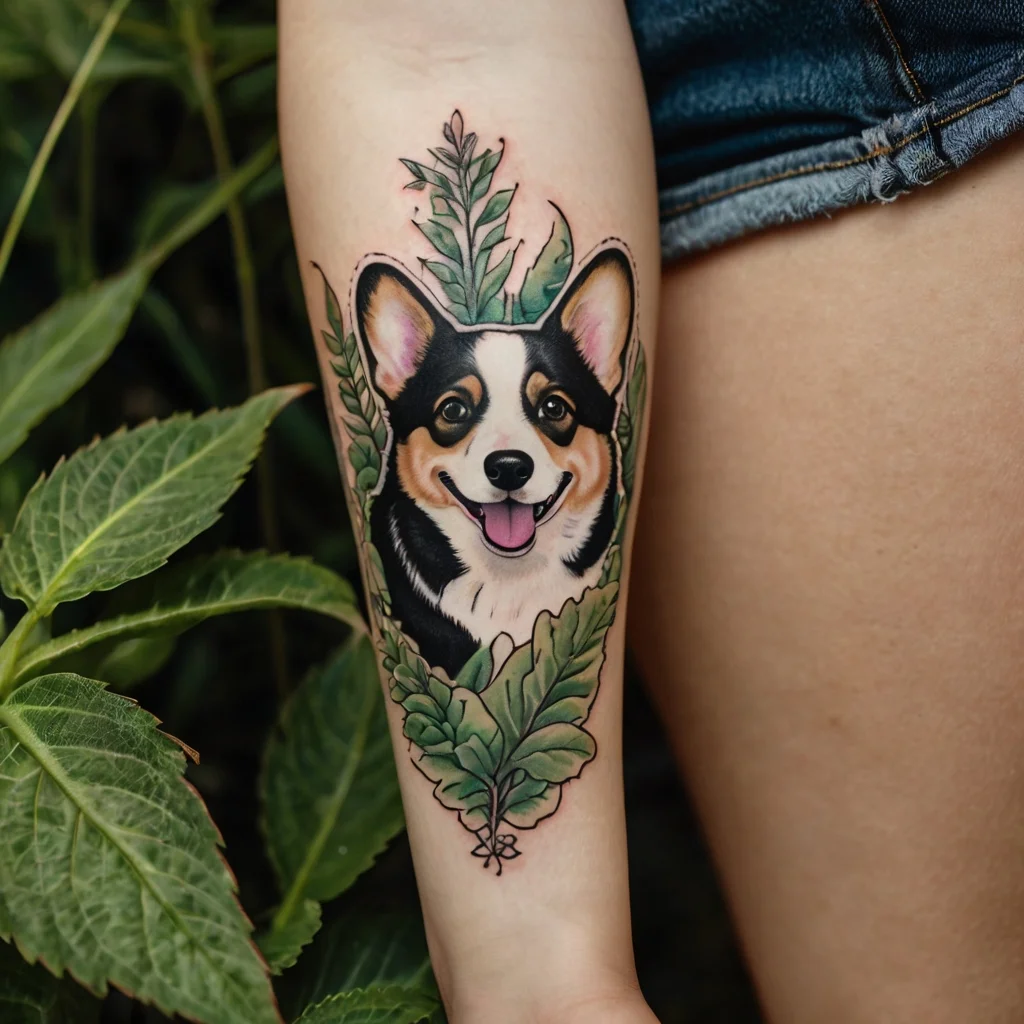 Vibrant tattoo of a happy corgi surrounded by detailed green leaves on the forearm, capturing nature and pet love.