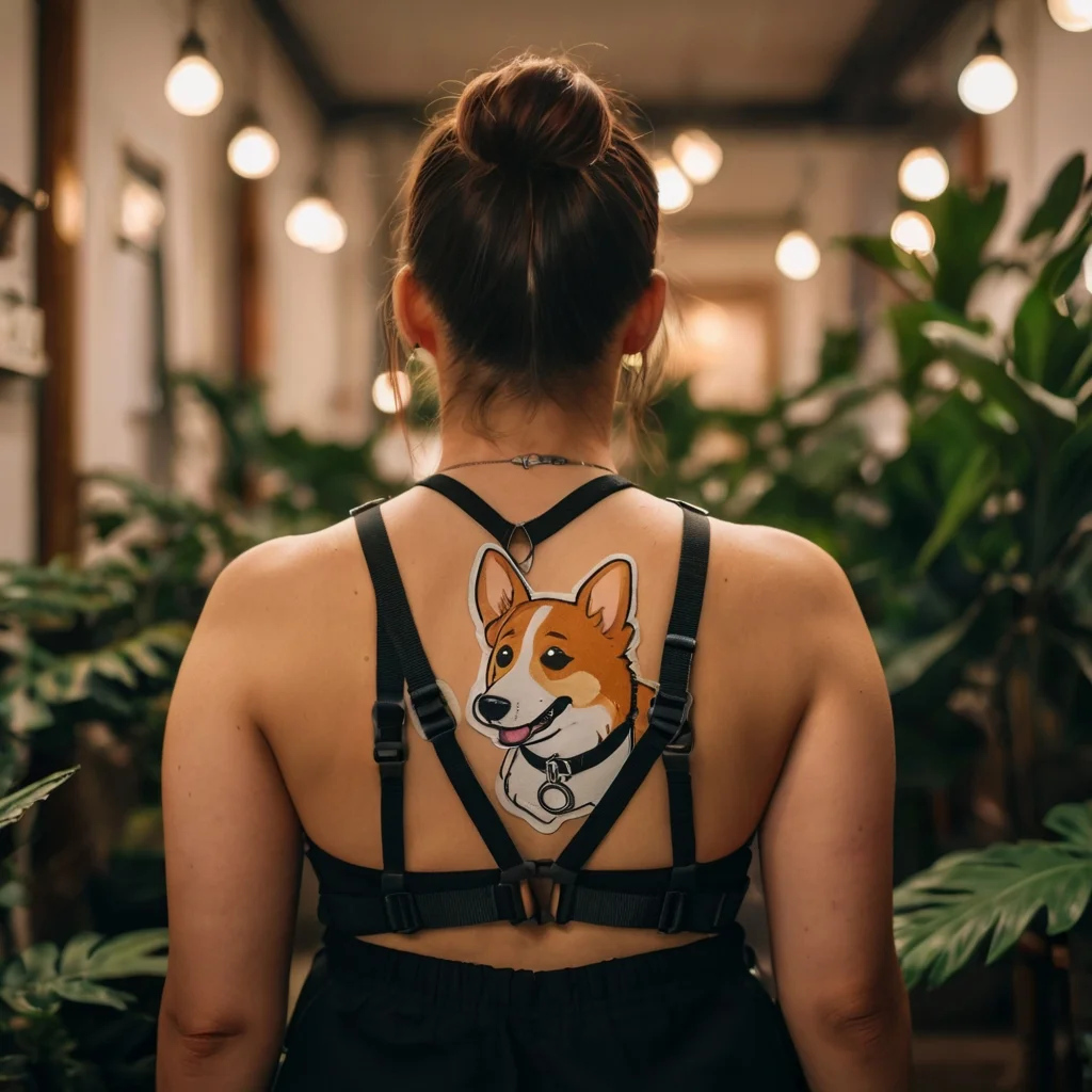 Tattoo of a cartoon corgi with a cheerful expression and tongue out, centered between shoulder blades, vibrant and playful.