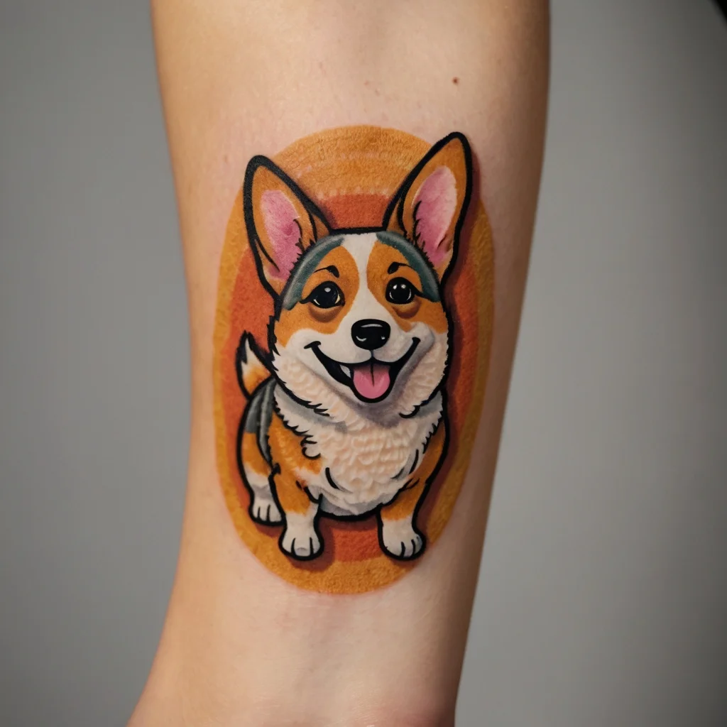 Colorful tattoo of a cheerful corgi with a vibrant orange background, highlighting its playful expression.