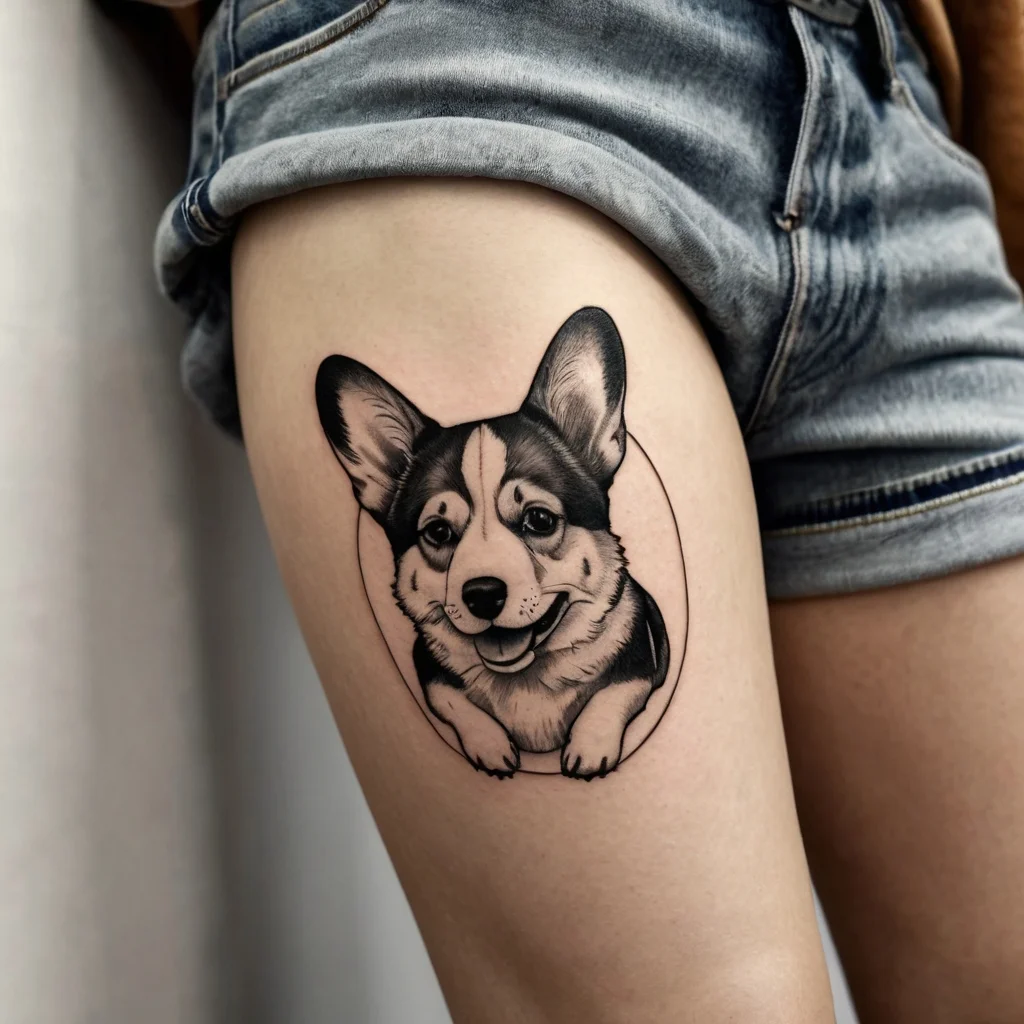 Realistic black and gray corgi tattoo on thigh, showcasing intricate details and shading for a lifelike appearance.