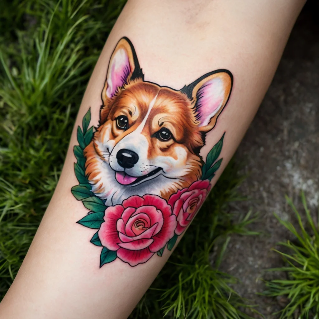 A vibrant tattoo of a Corgi surrounded by pink roses and green leaves on the arm, showcasing a realistic and colorful style.