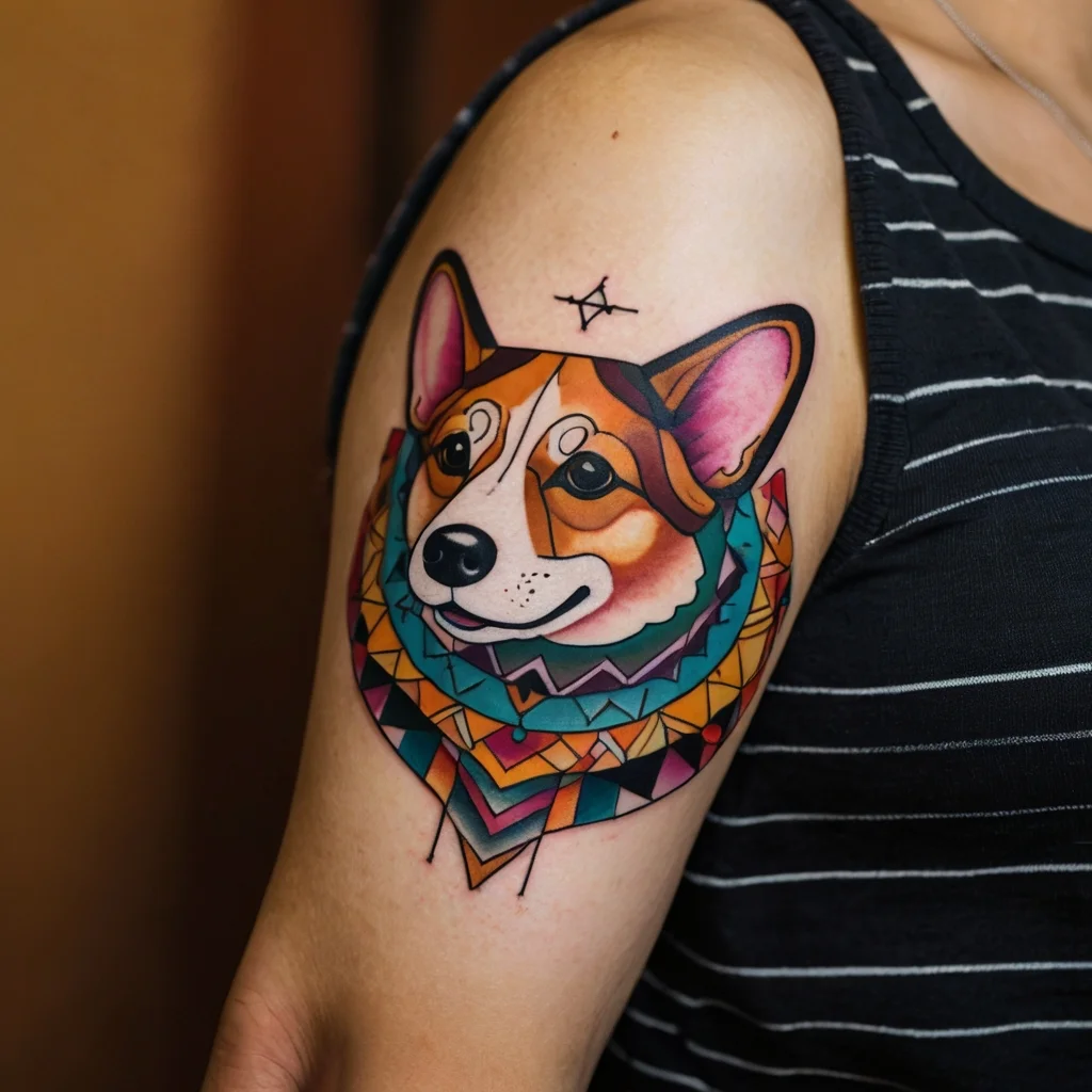 Geometric corgi tattoo in vibrant colors with a tribal pattern, illustrating a playful and modern design on the shoulder.