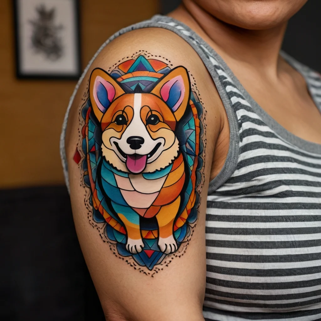 Colorful geometric corgi tattoo on upper arm, featuring vibrant blues, oranges, and pinks with a cheerful expression.