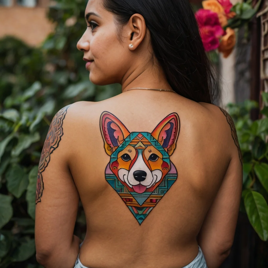 Geometric tattoo of a colorful dog face, featuring bold lines and vibrant patterns, centered on the back.