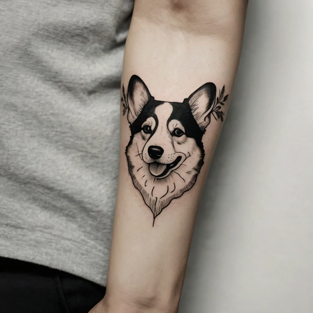 Black and gray tattoo of a happy Corgi dog head with minimal shading, accented by simple leaf motifs around the ears.