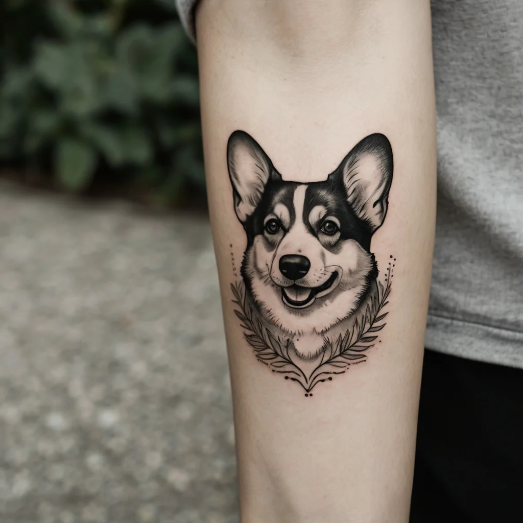 Illustrative corgi tattoo in black and gray with fine detailing, framed by decorative leaves for elegance on the forearm.