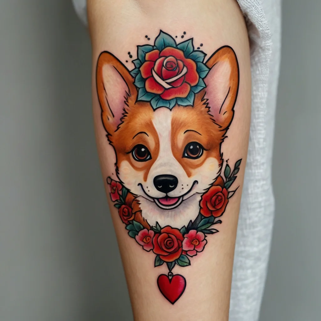 Tattoo of a cute Corgi with a rose crown and necklace, featuring vibrant colors and a red heart charm.