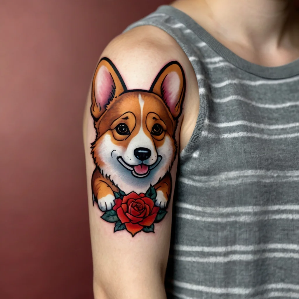 Colorful tattoo of a smiling corgi with a red rose. Bold outlines and shading create a vivid and playful design.