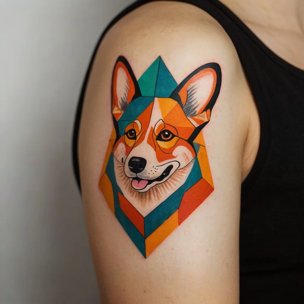 Geometric corgi tattoo with bold colors in orange, teal, and black outlines on the upper arm.