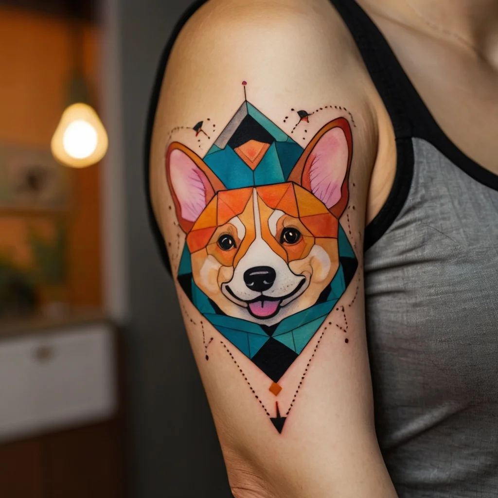 Geometric Corgi tattoo with vibrant orange, teal, and black shapes, highlighting a playful dog's face on the upper arm.