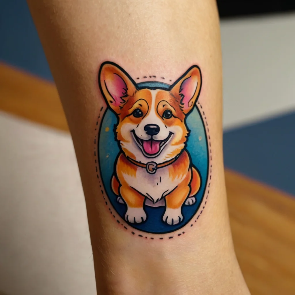 Colorful, cartoon-style corgi tattoo with a happy expression, set against a blue oval background, featuring bold outlines.