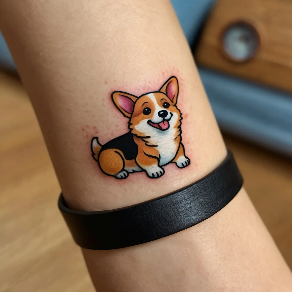 Cute cartoon-style corgi tattoo with vibrant colors and a bold black outline, capturing playfulness and charm.