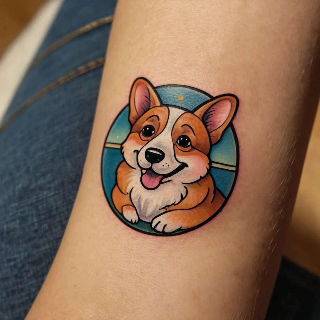 Cute corgi tattoo in a circular design, featuring bold outlines and vibrant colors against a blue background.