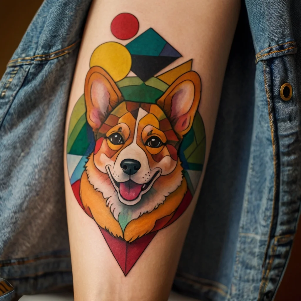 Colorful geometric tattoo of a corgi surrounded by abstract shapes on a person's thigh.