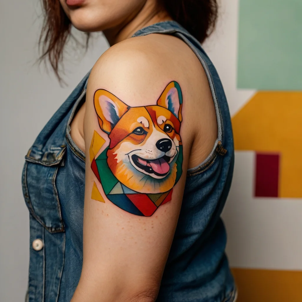 Geometric corgi tattoo with vibrant colors, featuring bold lines and modern artistic flair on the upper arm.