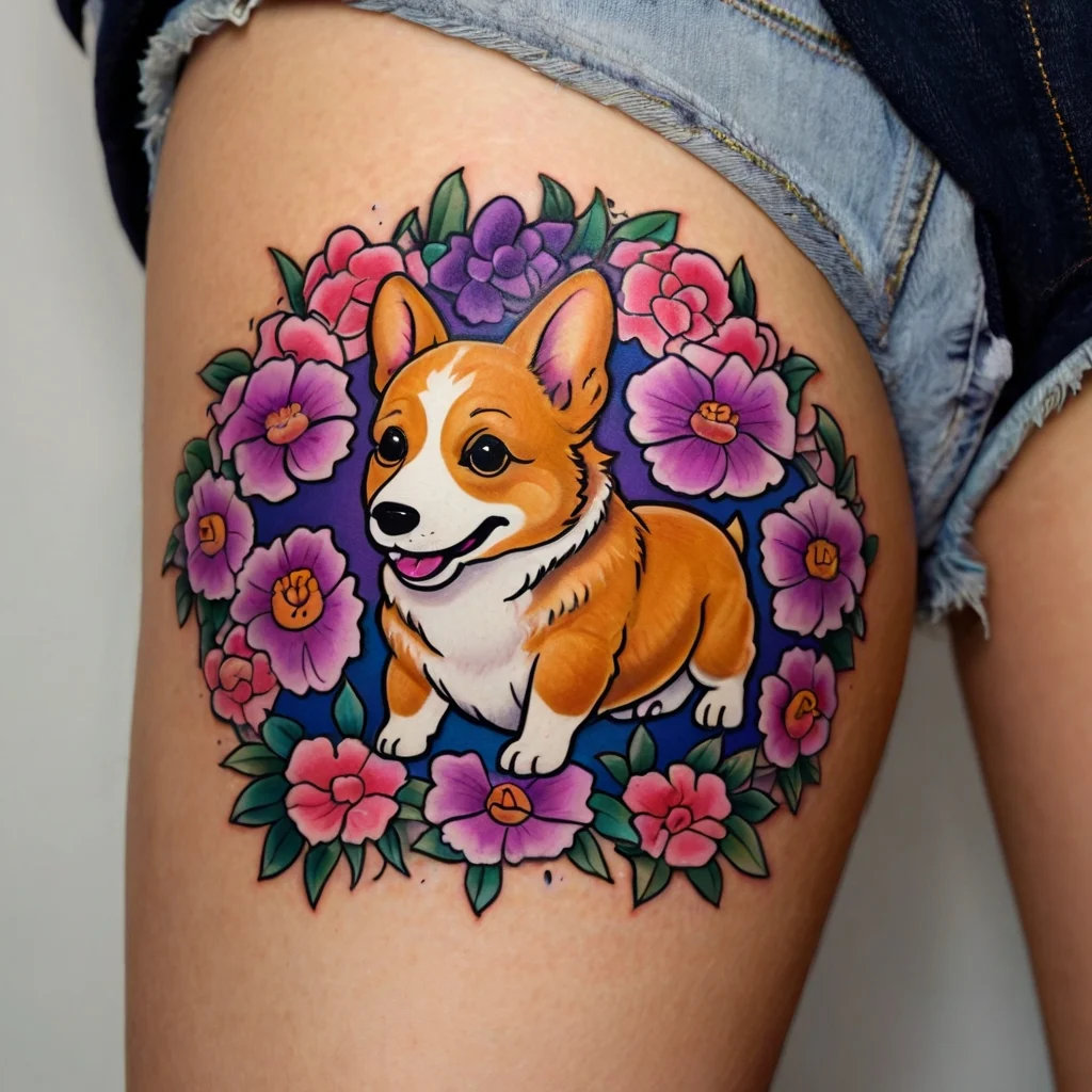 Colorful tattoo of a Corgi surrounded by vibrant pink and purple flowers on the upper thigh.