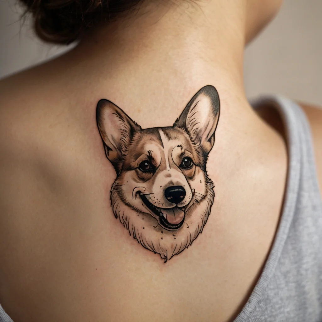 Realistic corgi tattoo on upper back, showcasing detailed fur and expressive eyes with subtle shading and bold outlines.