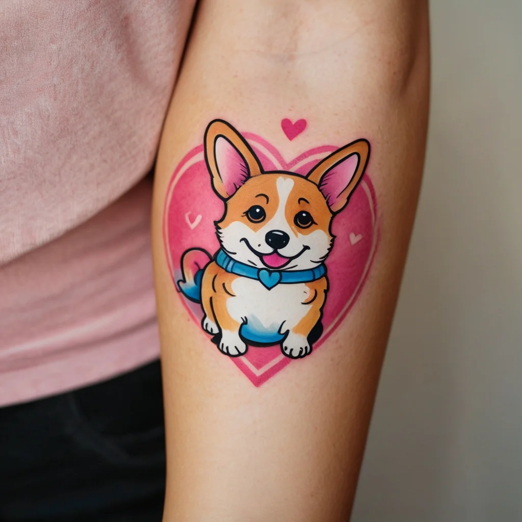 Cartoon Corgi with blue collar sits in a pink heart background, accented by smaller hearts, symbolizing love and joy.