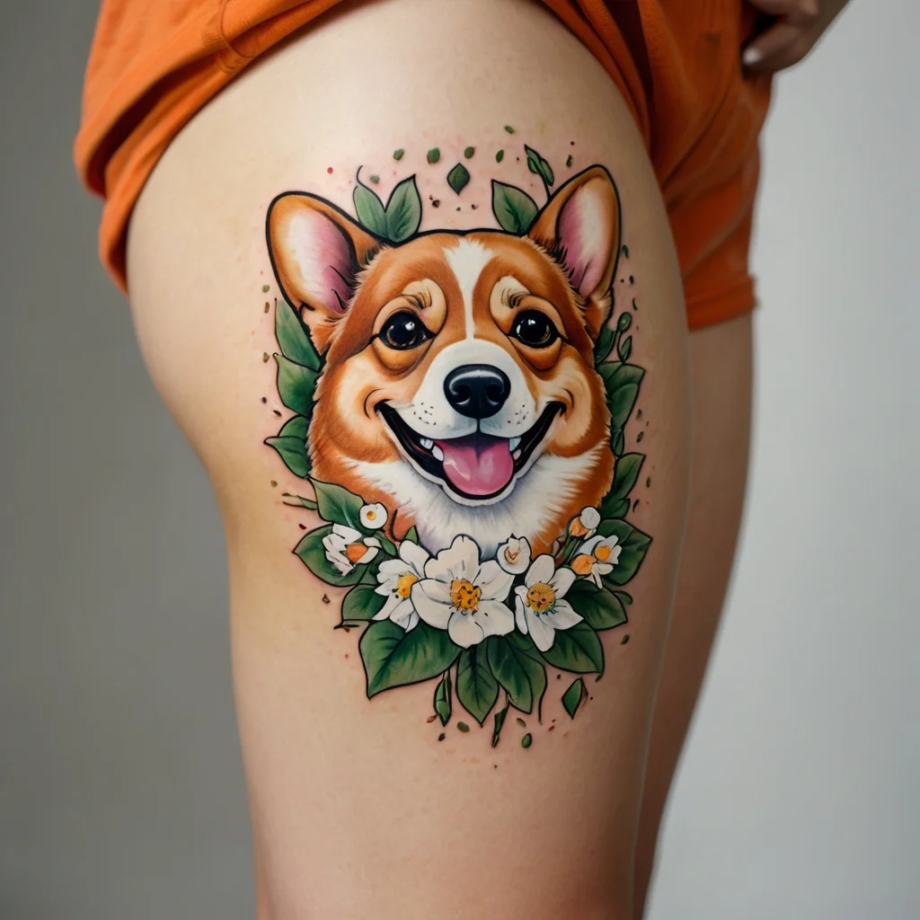 Tattoo of a happy corgi surrounded by green leaves and white flowers, vivid colors creating a lively, joyful design.