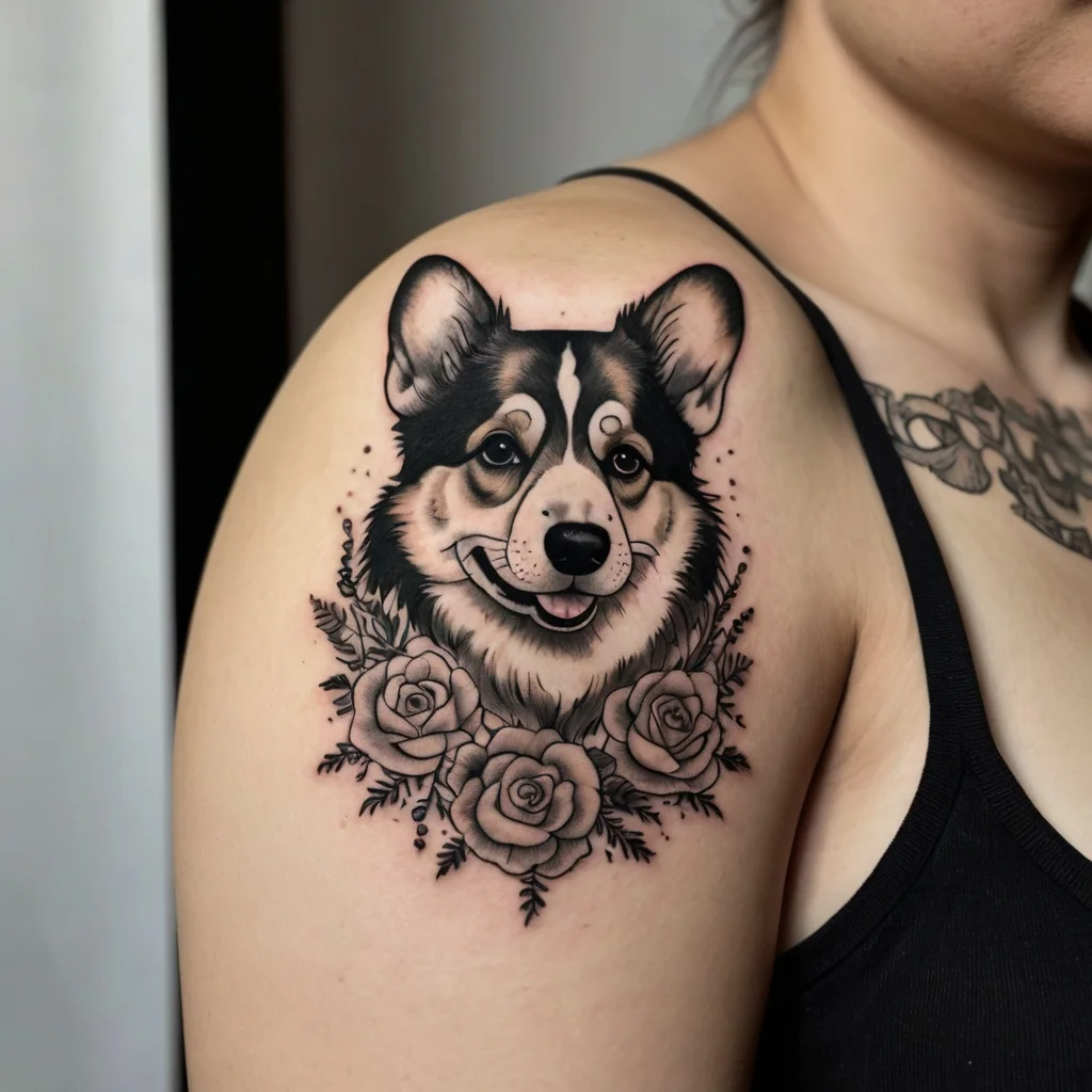 A corgi tattoo with detailed shading on the shoulder, adorned with three roses and intricate leaves below the cheerful face.