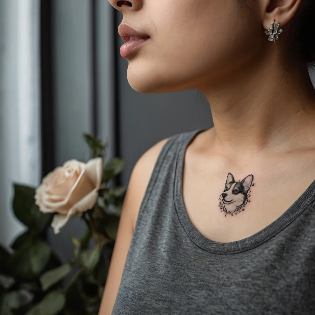 Small corgi tattoo with floral wreath on chest, featuring detailed shading and intricate linework.