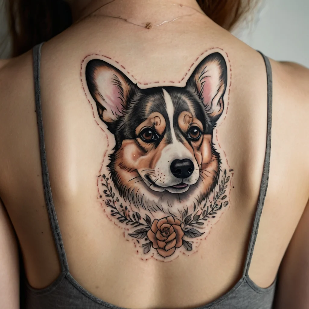 Realistic corgi tattoo adorns the back, framed by ornate leaves and a central rose beneath.