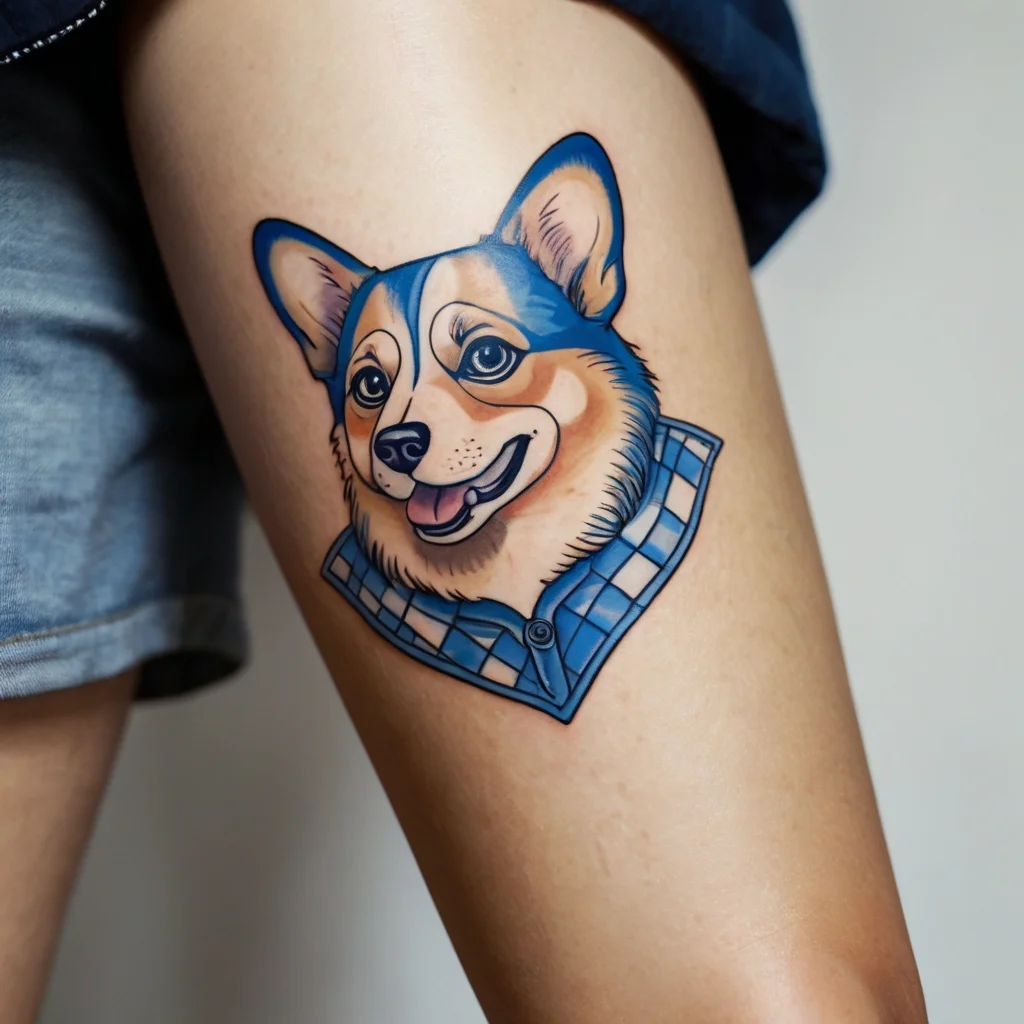 Tattoo of a colorful Corgi portrait with blue highlights, wearing a blue plaid scarf. Bold lines and playful design.