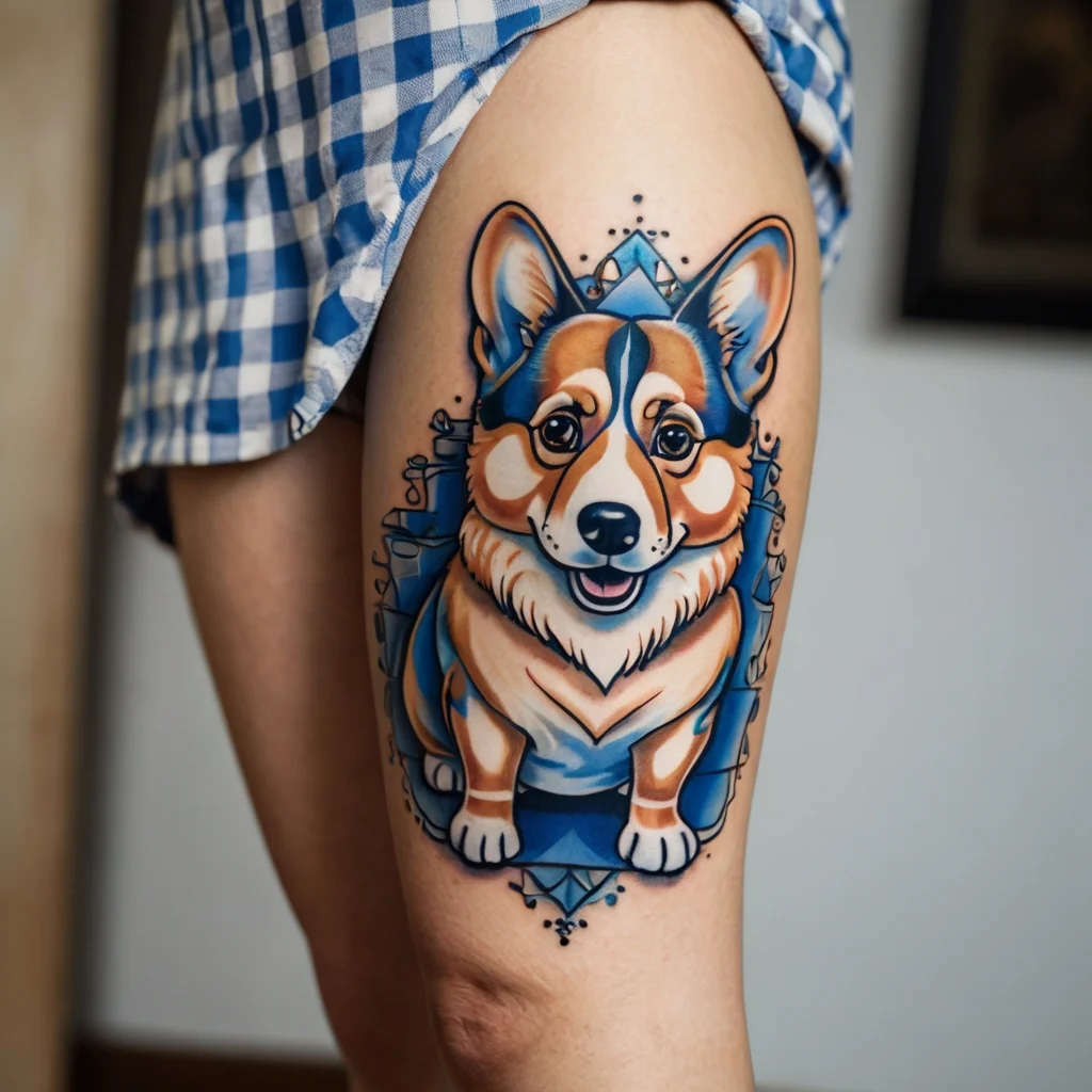 Colorful tattoo of a happy Corgi on the thigh, with geometric blue accents, highlighting its playful expression and charm.