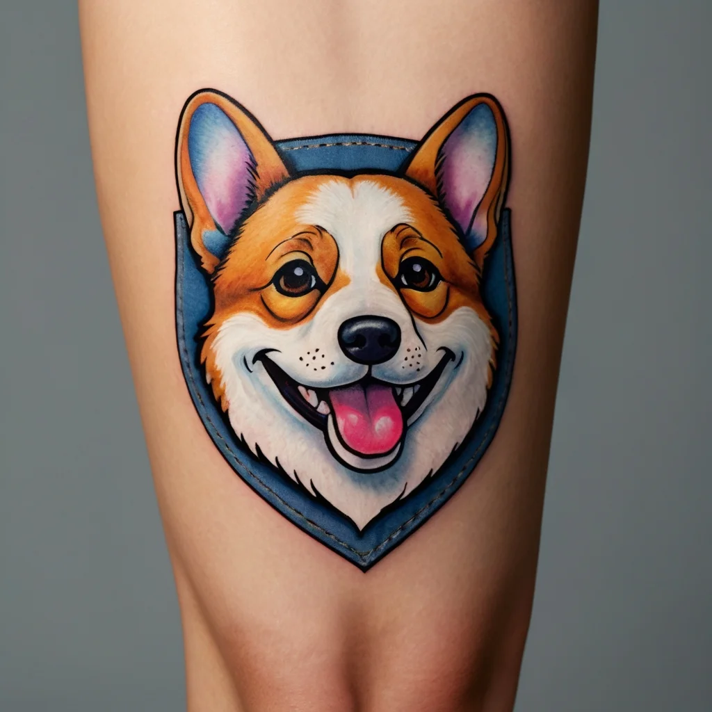 Colorful corgi face tattoo on skin, detailed shading and vibrant hues create a playful and lively design.