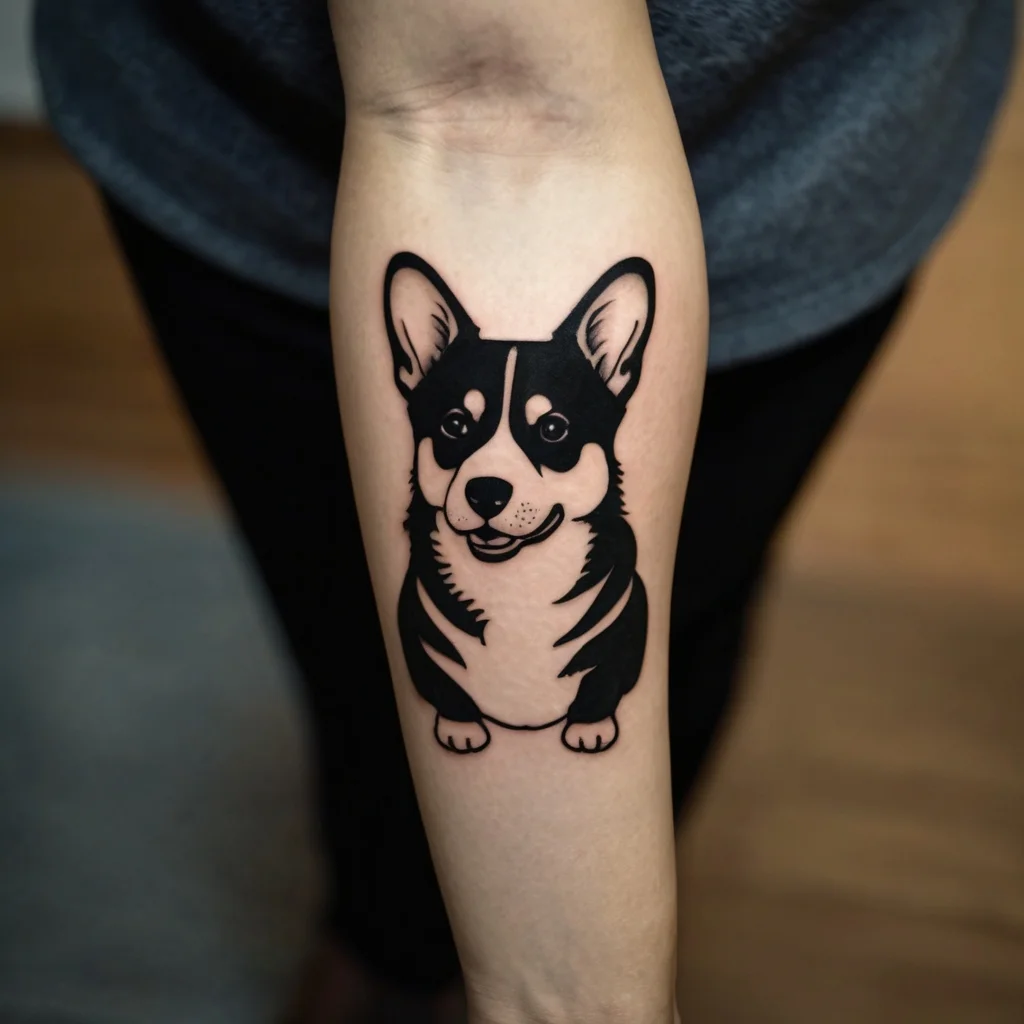 Tattoo of a stylized corgi in bold black outlines, capturing a playful and loyal expression on the forearm.