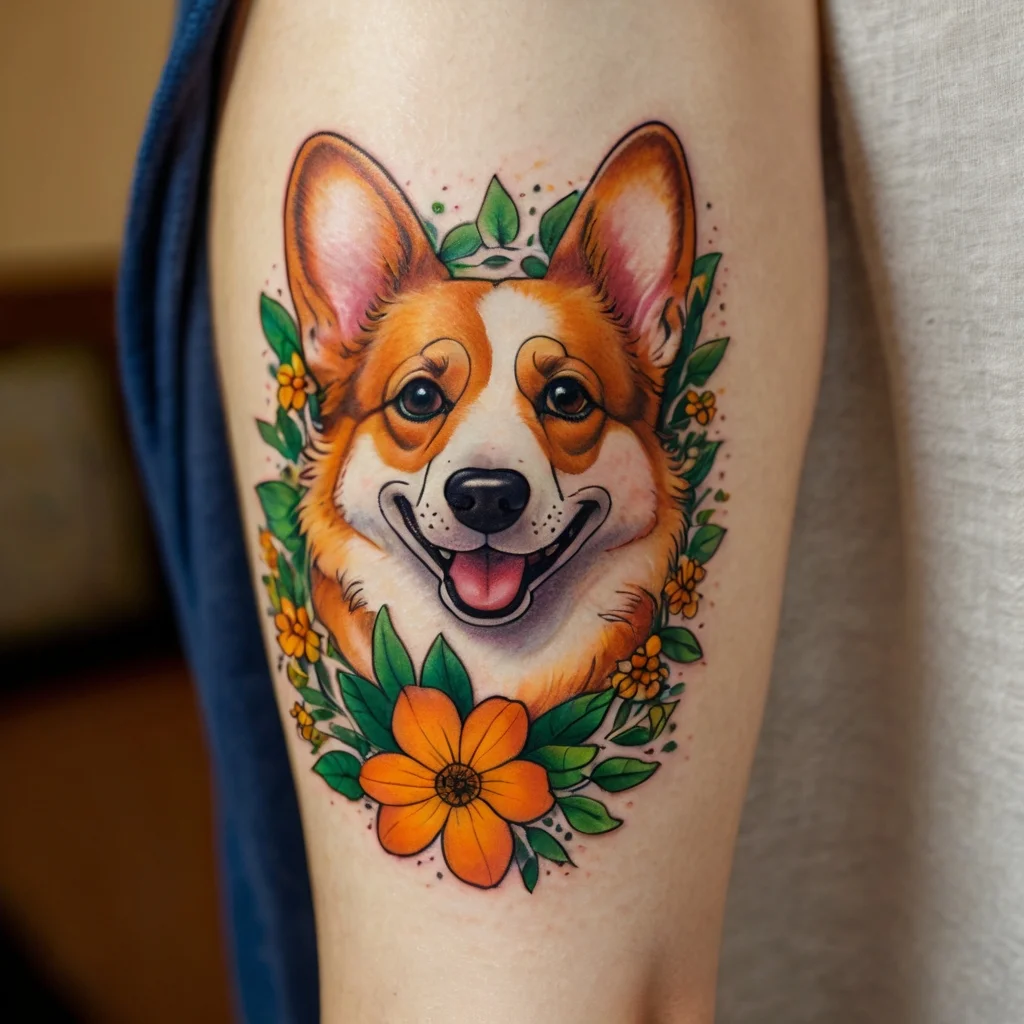 Vibrant tattoo of a happy Corgi surrounded by vivid green leaves and orange flowers, emphasizing joy and companionship.