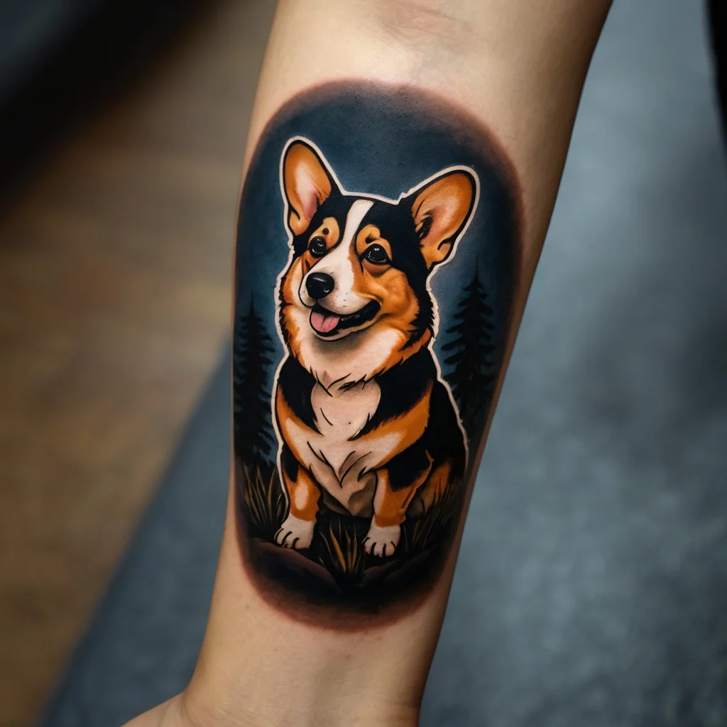 Realistic corgi tattoo featuring vibrant colors and detailed shading, set against a forest silhouette backdrop.