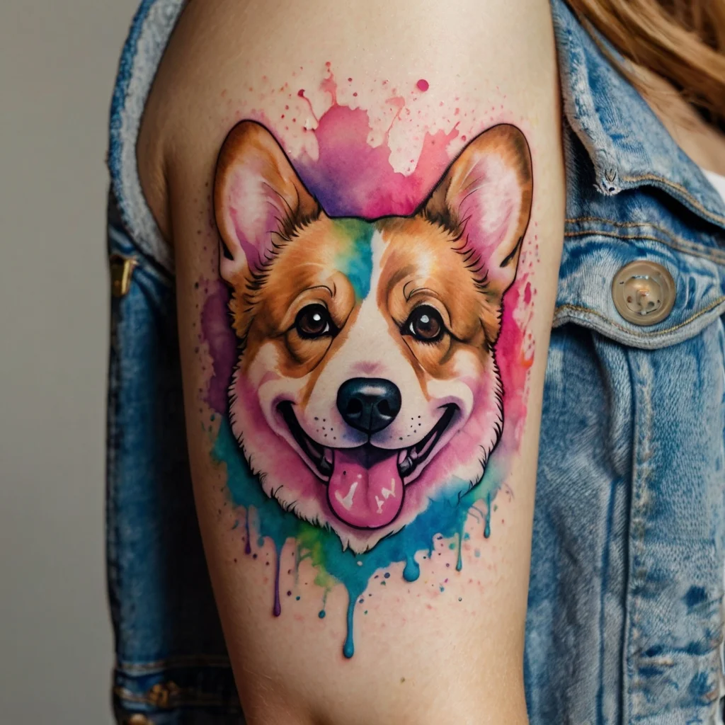 Tattoo of a corgi face with vibrant watercolor splashes in pink, blue, and purple on upper arm.