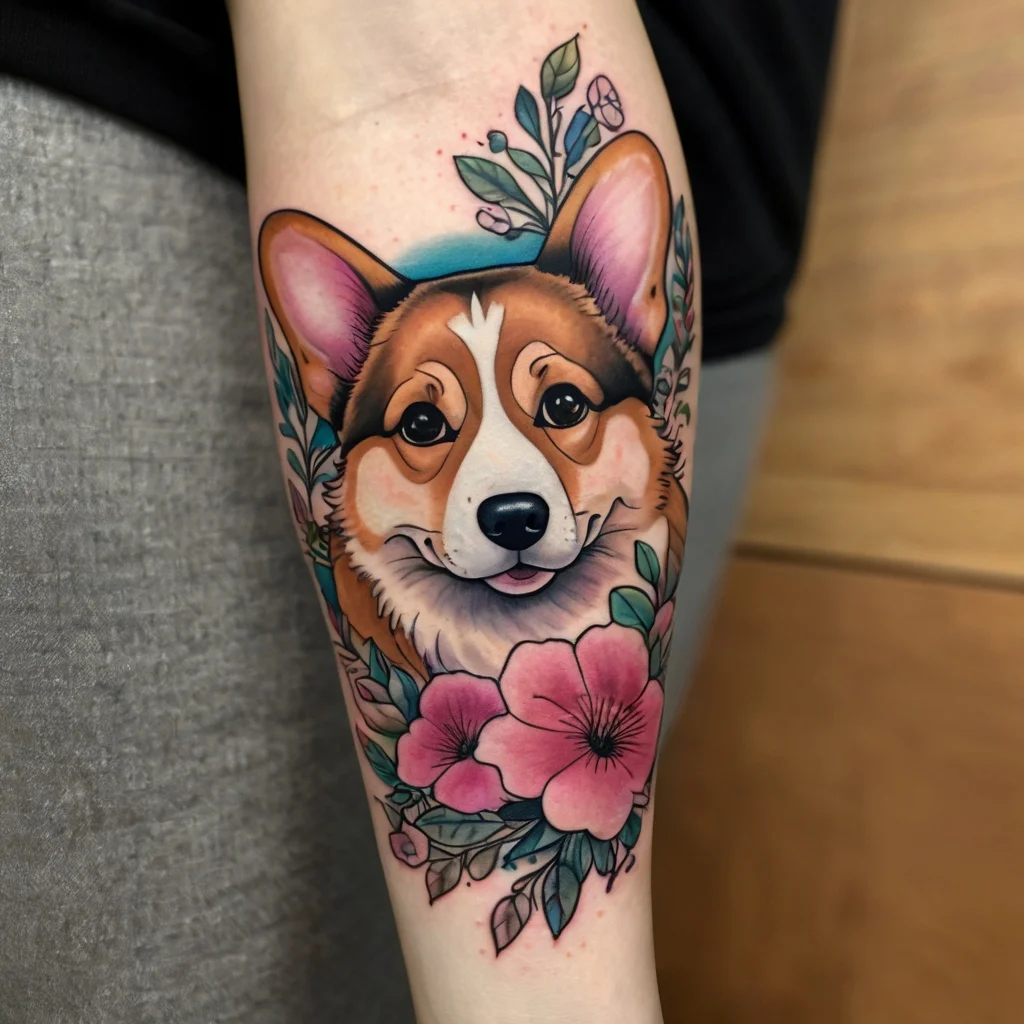 Vibrant corgi portrait tattoo on arm, framed by pink flowers and green leaves, showcasing vivid colors and intricate details.