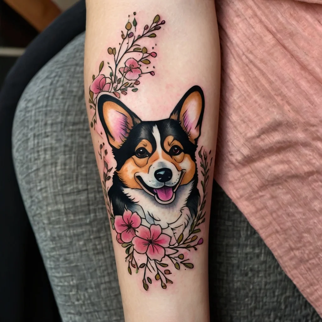 Tattoo of a happy corgi surrounded by pink flowers and delicate green leaves on the arm.