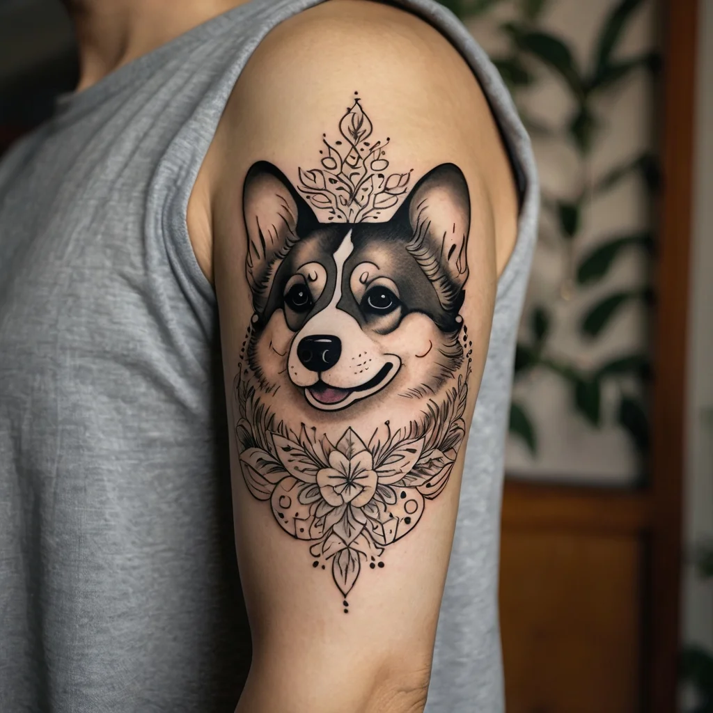 Tattoo of a happy dog with ornate floral and leaf patterns on arm, blending realism with decorative elements.