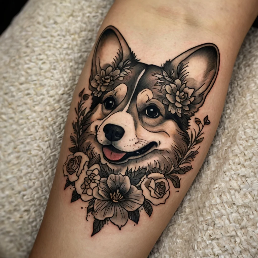 Smiling Corgi portrait tattoo adorned with delicate flowers, showcasing intricate shading and lifelike details.